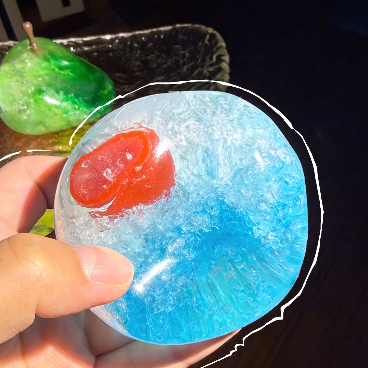 Handmade fruit-themed "crushed ice" stress-relief toy—satisfyingly moldable and non-rebounding