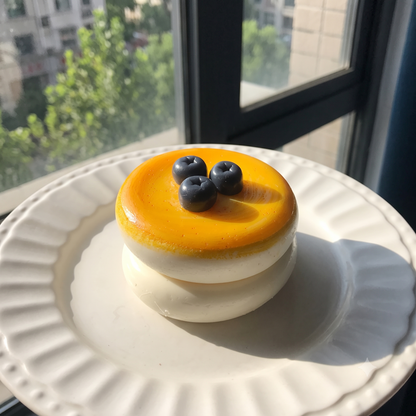 Cute, slow-rise strawberry cake soufflé stress-relief toy; a beautifully crafted, realistic-looking miniature item perfect for dollhouses or as a fun, tactile fidget toy.