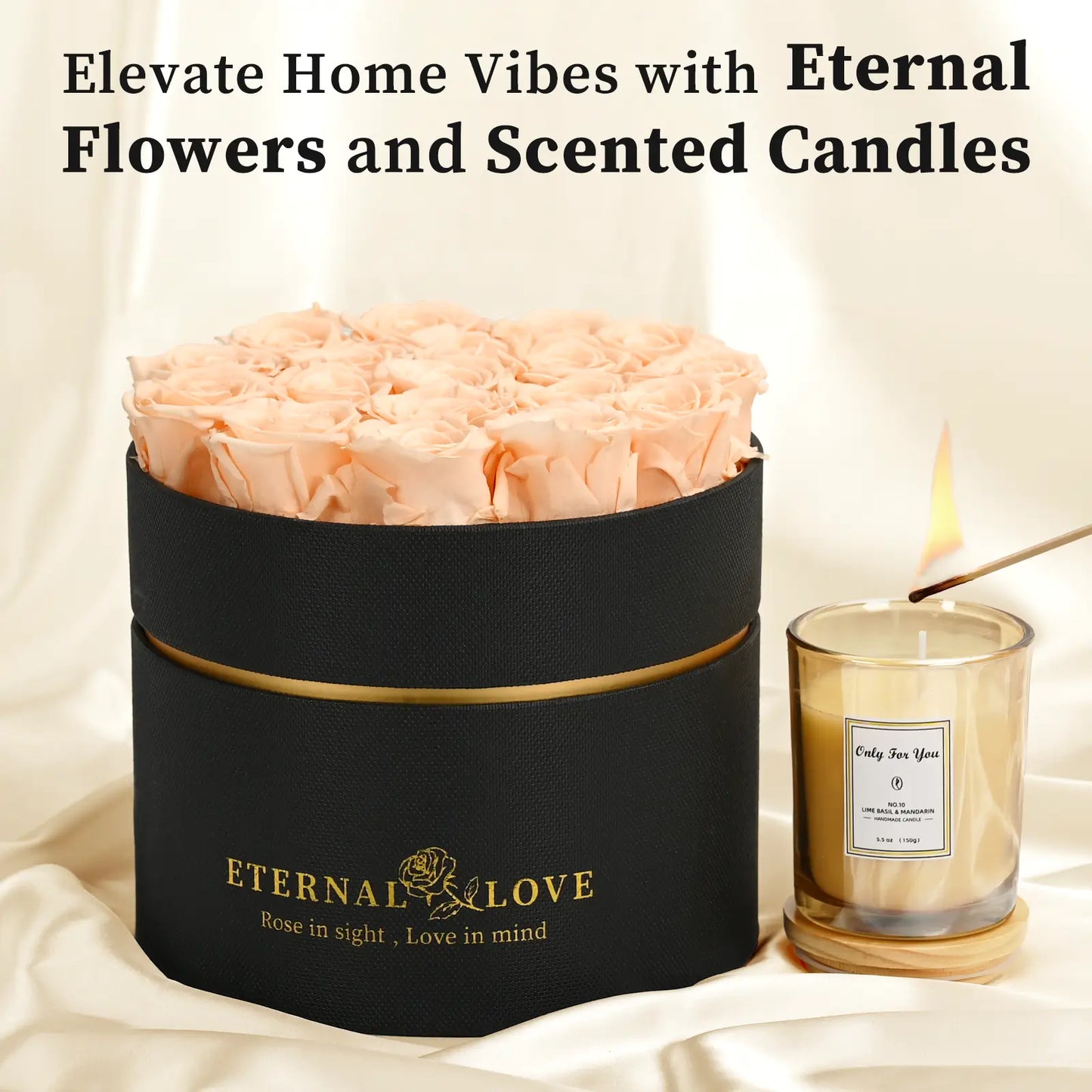 LIFELUM Forever Flowers with Scented Candle in Box-Champagne Roses
