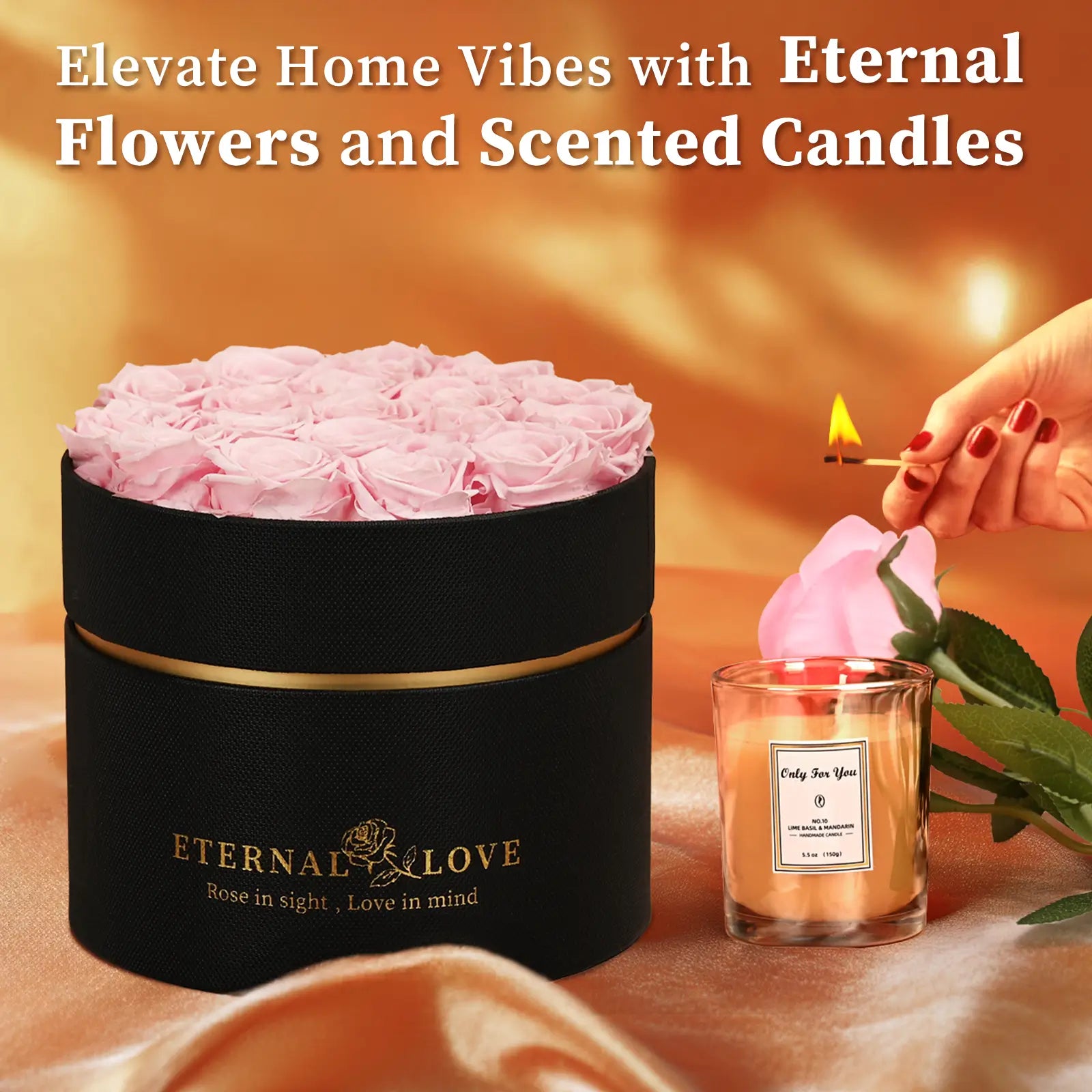 LIFELUM Forever Flowers with Scented Candle in Box-Pink Roses