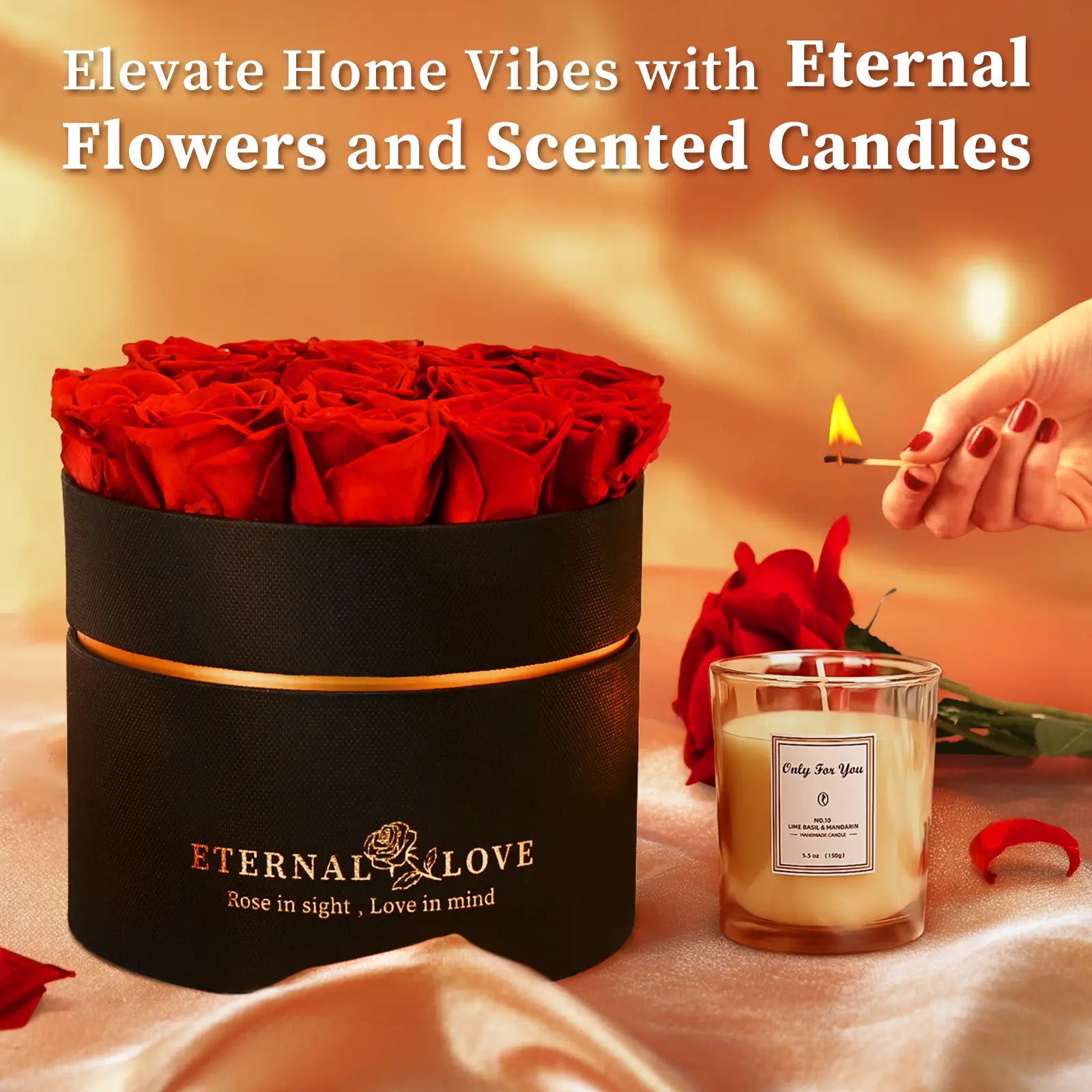 LIFELUM Forever Flowers with Scented Candle in Box-Red Roses_Elevate Home Vibes with Eternal Flowers and Scented Candles