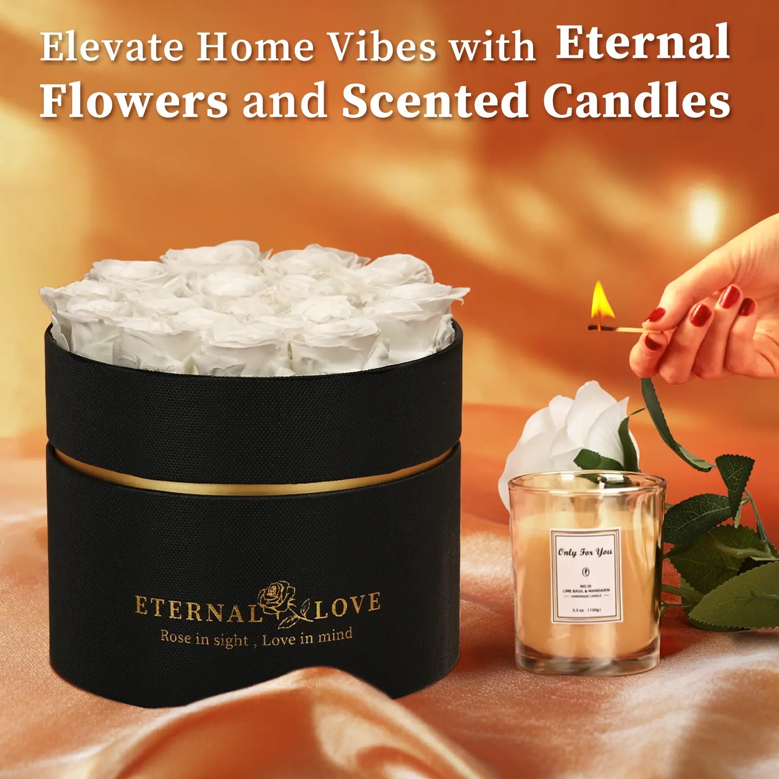 LIFELUM Forever Flowers with Scented Candle in Box-White Roses_Elevate Home Vibes with Eternal Flowers and Scented Candles