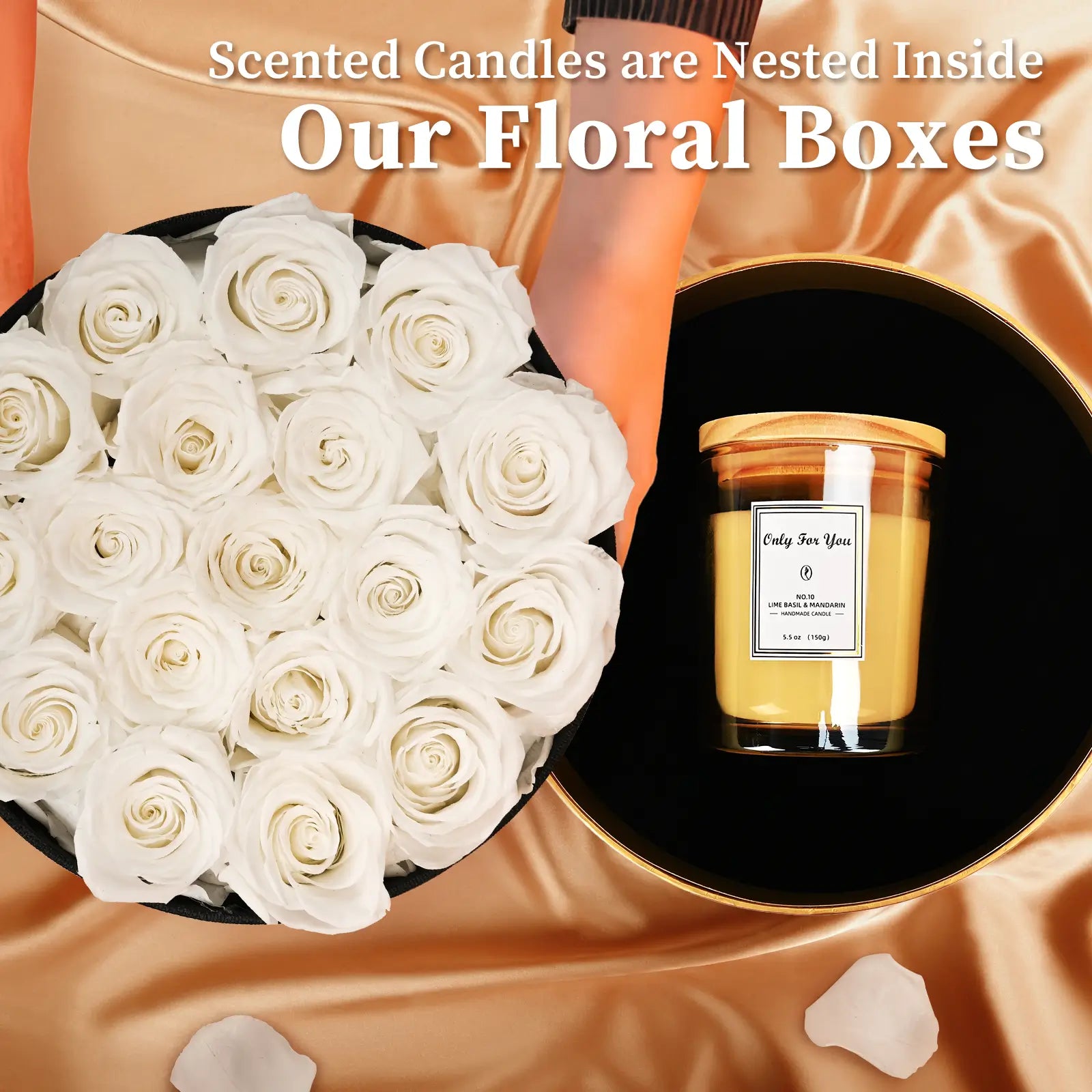 LIFELUM Forever Flowers with Scented Candle in Box-White Roses_Scented Candles are Nested Inside Our Floral Boxes